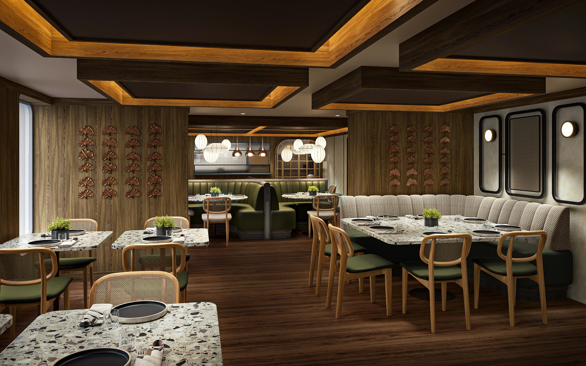 a dining area in a luxury cruise ship