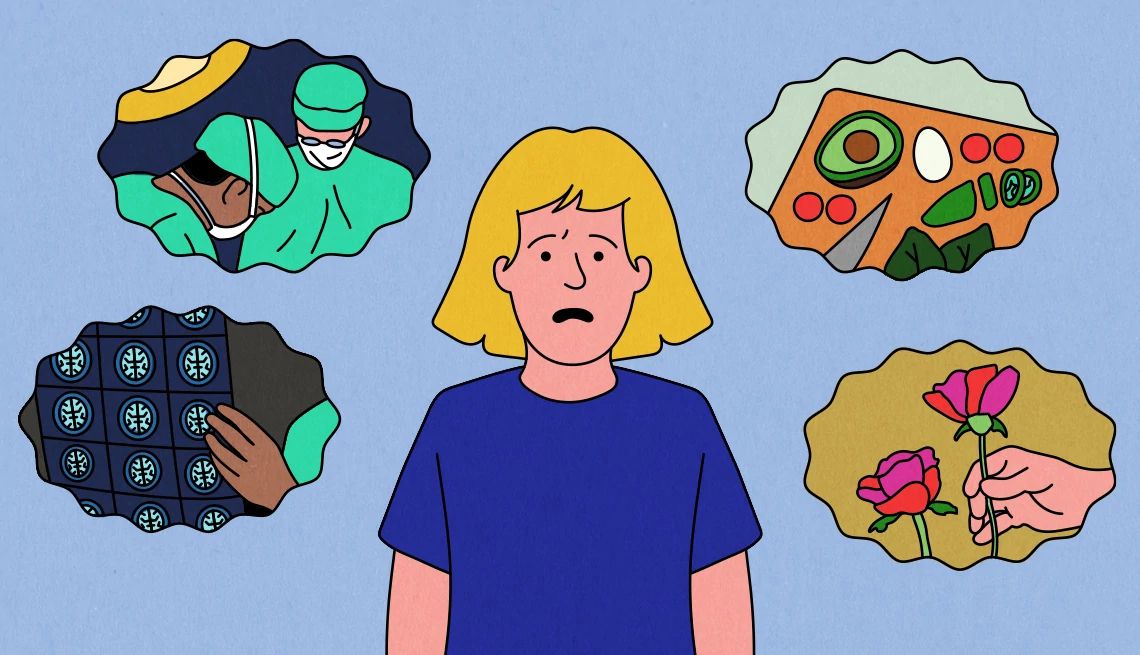 Handling caregiving anxiety a caregiver looks anxious while surrounded by bubbles of possible scenarios