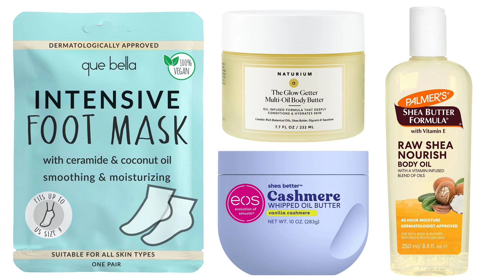 a collage with foot mask socks and three different types of hydrating skin care products