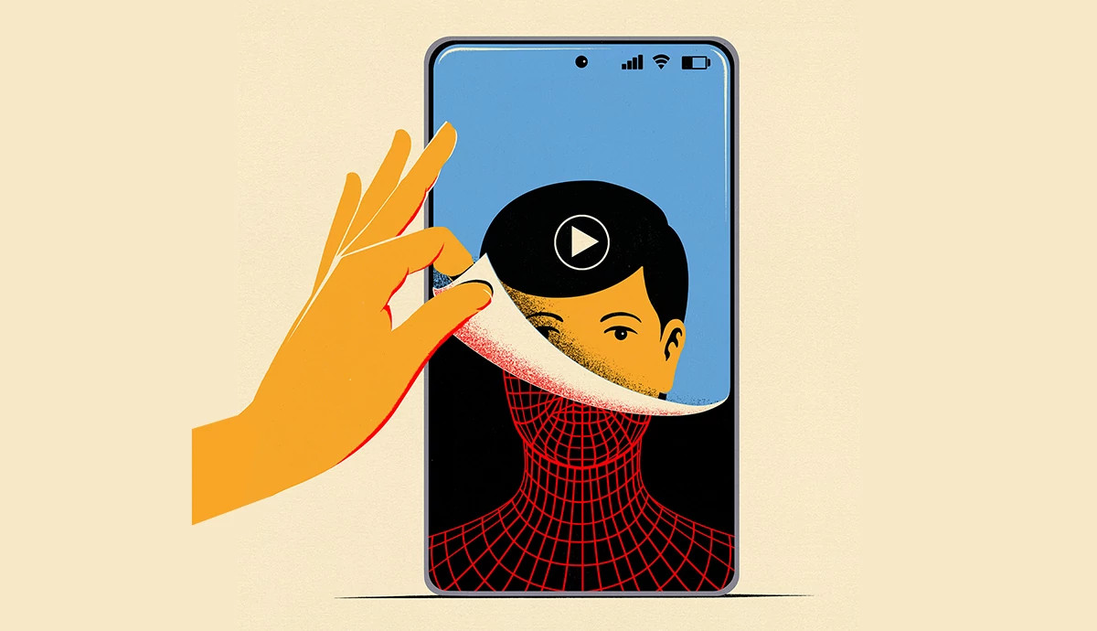 a hand peels away a photo on a smartphone to show there is nothing but a i underneath