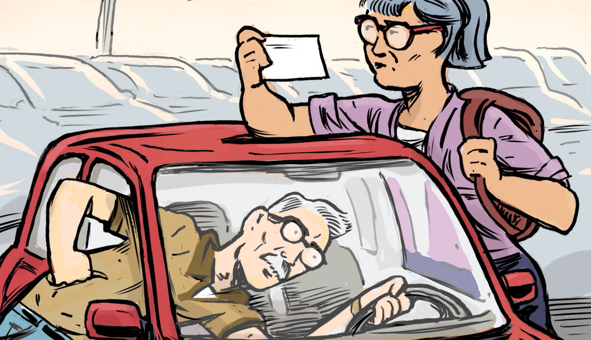 check your rental car before driving off the lot illustration of a couple inspecting a rental car