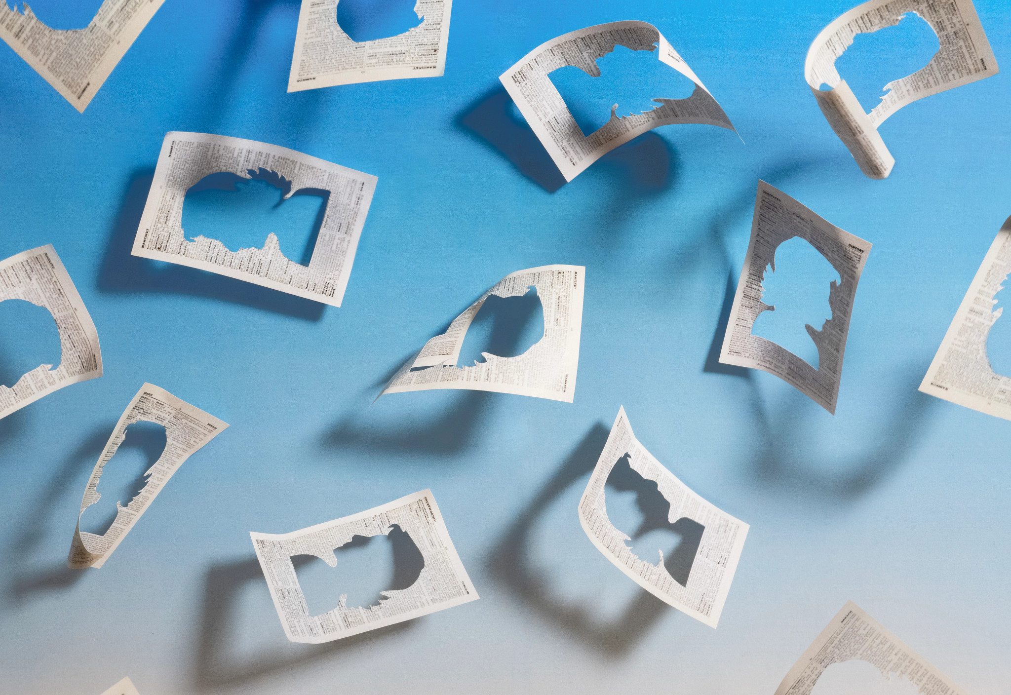 a graphic illustration shows dictionary pages on a blue blackdrop with silhouette of a woman cut out of the pages