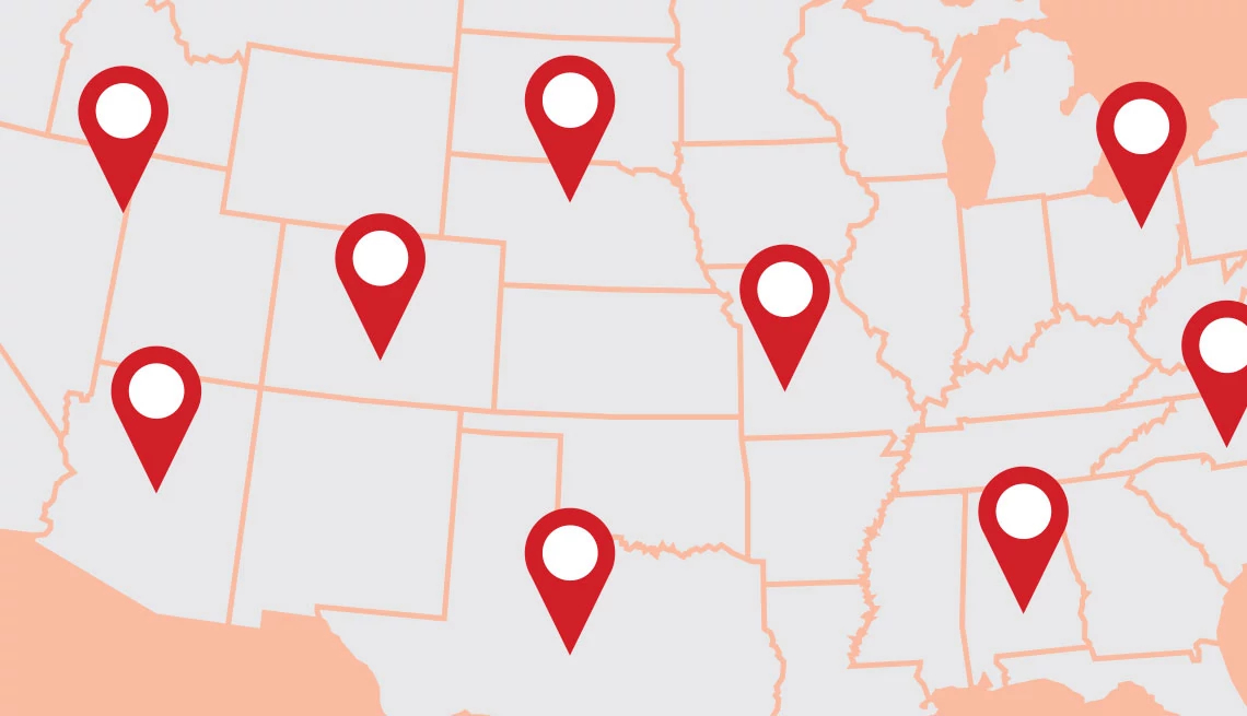 AARP Fraud Watch Network Scam-Tracking Map zoomed in map of the united states with map locator pins scattered around