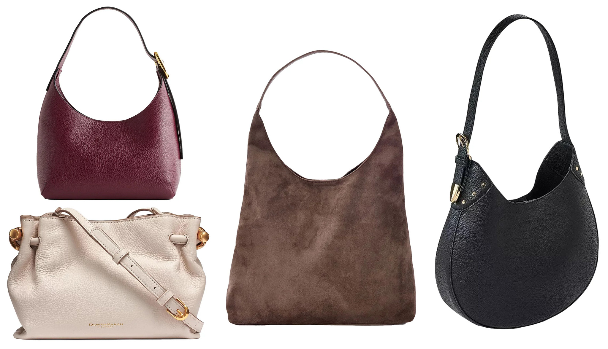 a collage with four handbags in different colors and styles