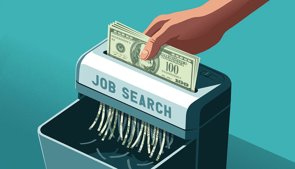 an illustration of a person putting money into a paper shredder labeled job search
