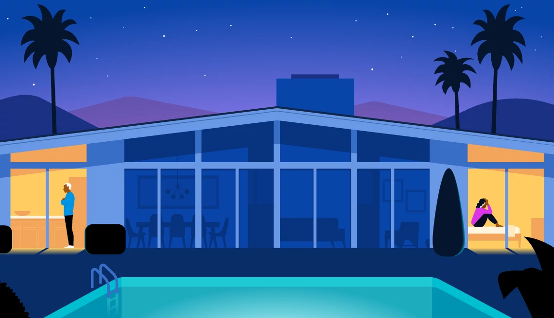 We’re Retired but Disconnected A graphic illustration shows an outside view of a home. At left, in the kitchen, a man stands with his arms crossed. At right, in the bedroom, a woman sits on a bed with her face in her hands.