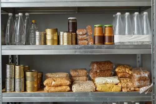 Two shelves lined with non-perishable food and bottles of water.