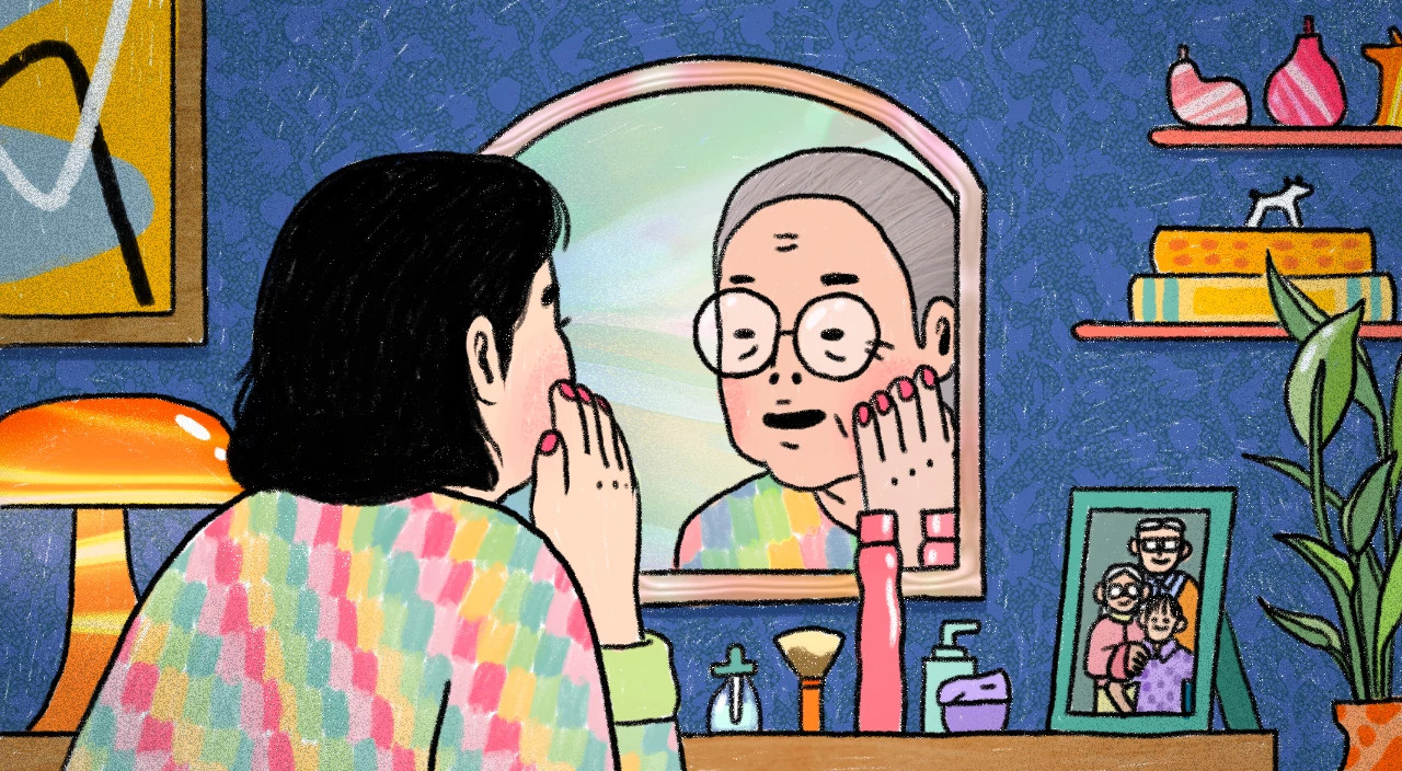 illustration of woman seeing her mother in the mirror