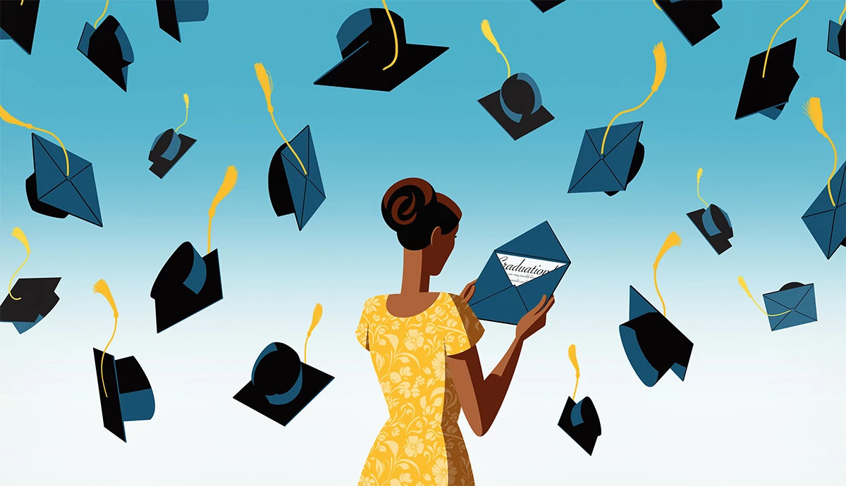 a person opens an envelope containing a graduation announcement with a flurry of falling graduation hats in the background