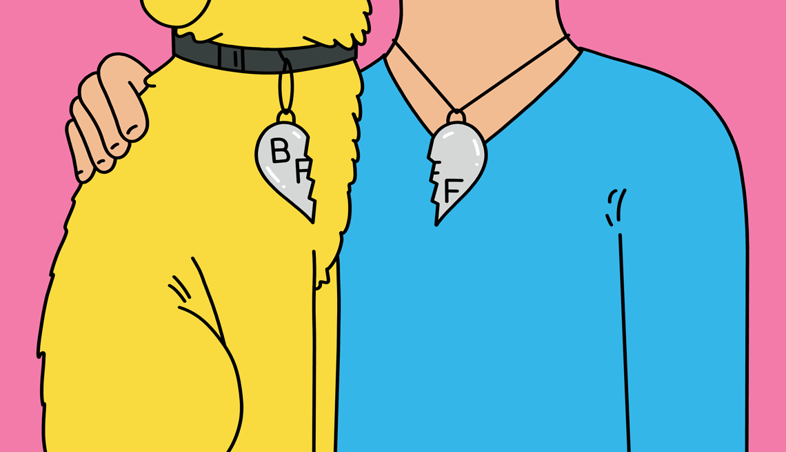 An illustration shows a dog owner with their arm around the dog. The dog and owner are both wearing a heart-shaped BFF charm that is broken down the middle