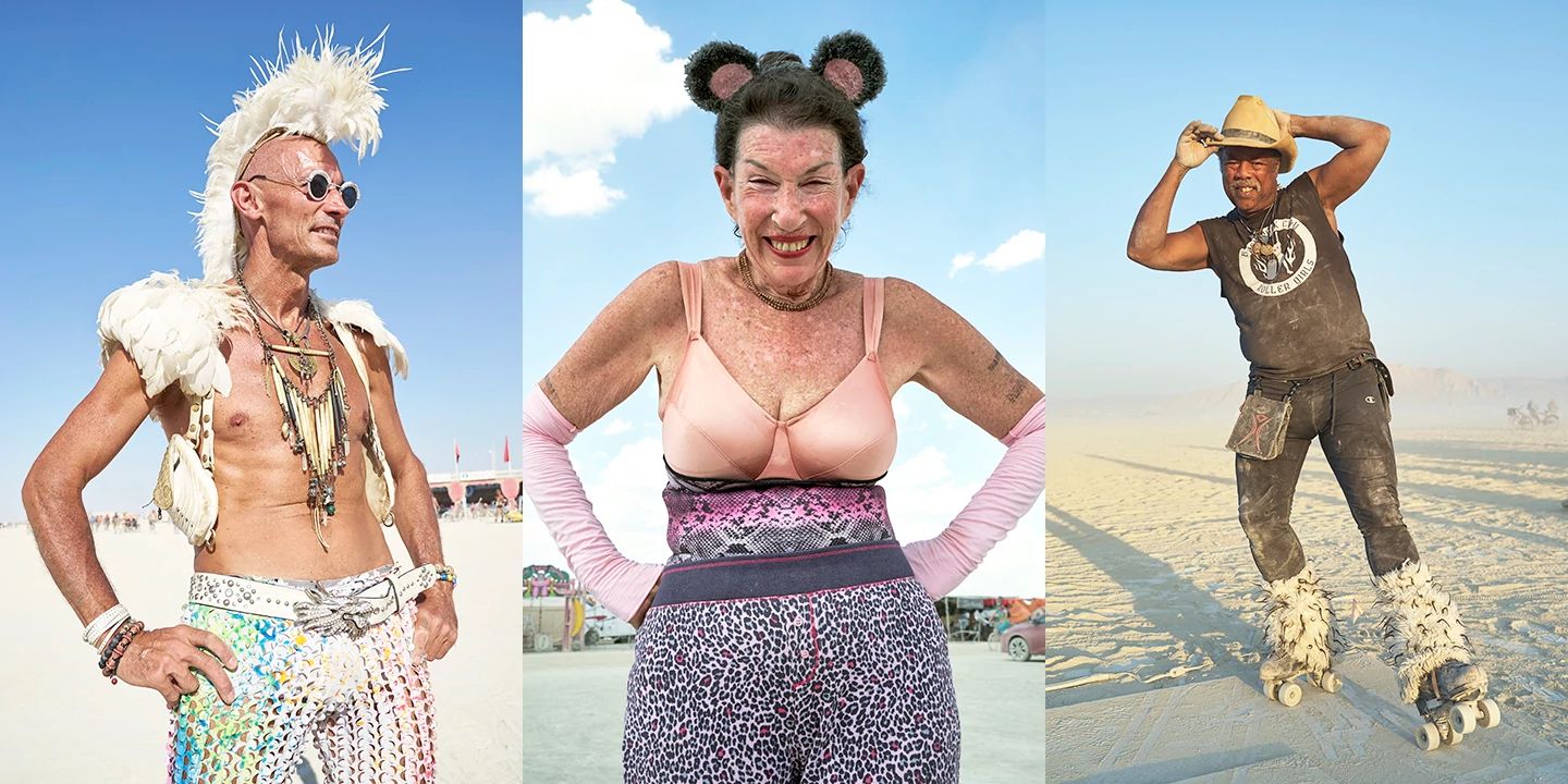 Burning Man for Older Adults a split image of three people dressed uniquely while posing in the desert