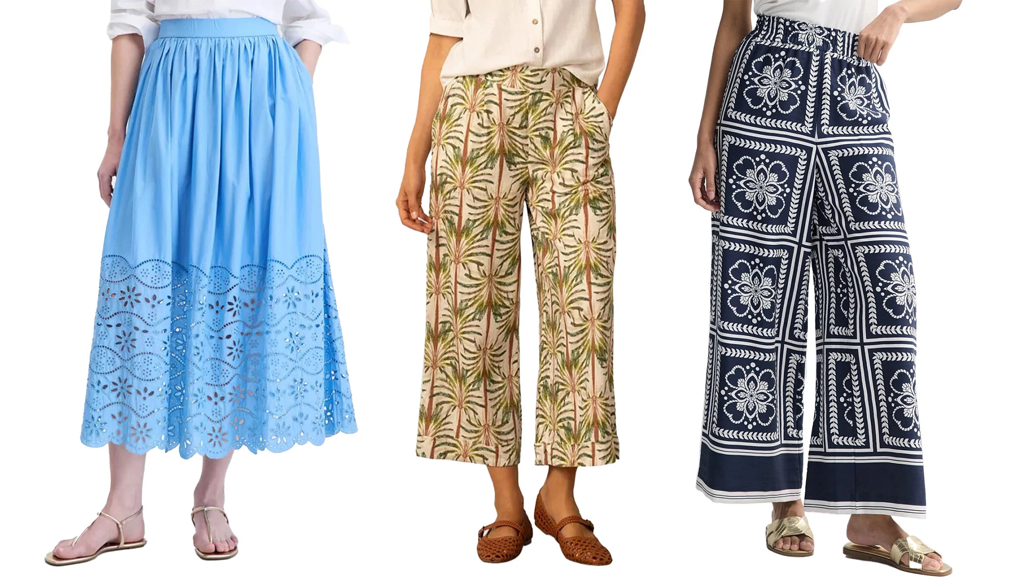 a collage with two models wearing wide leg cropped pants in bold patterns, and one model wearing a midi skirt in light blue eyelet