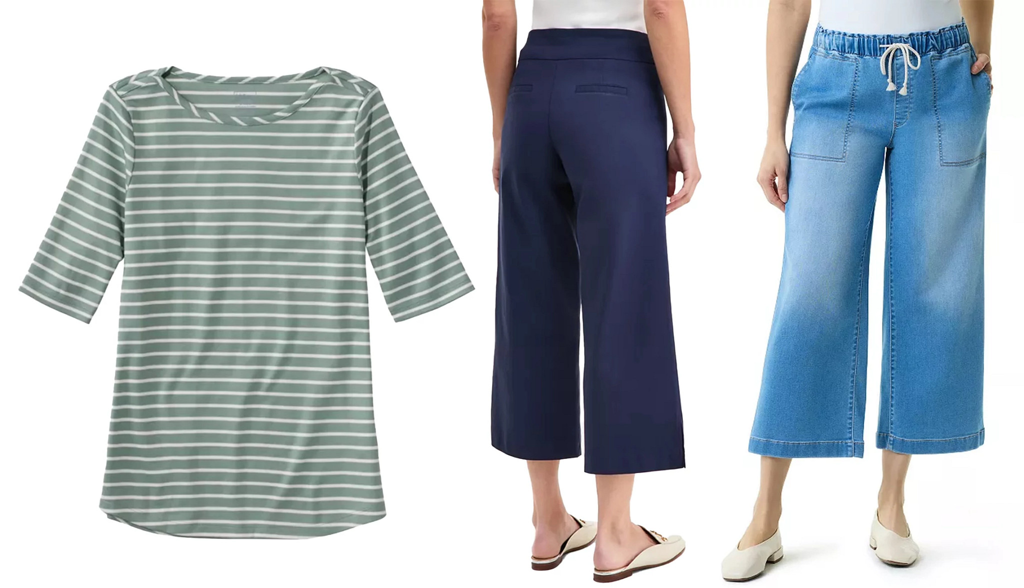 a striped boat neck shirt and models wearing cropped wide leg trousers