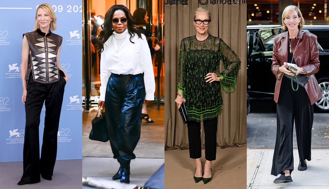 a collage with cate blanchett, oprah winfrey, meryl streep and allison janney wearing different styles of pants.