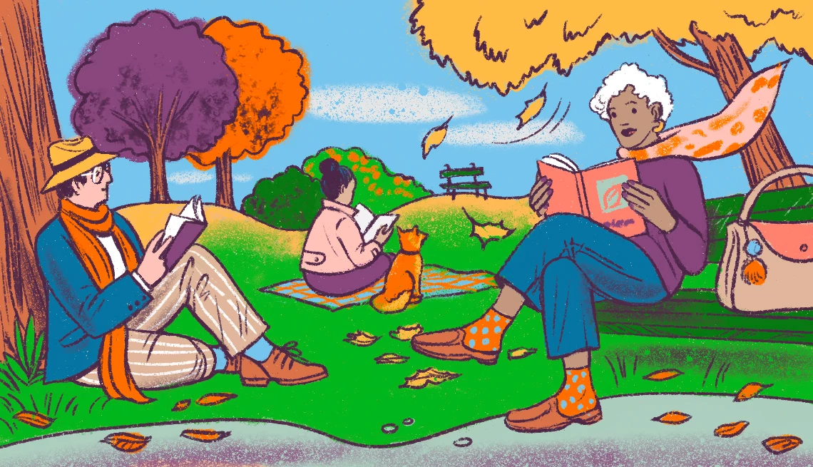 The Big Fall 2025 Book Preview an illustration of people reading books outdoors in the fall