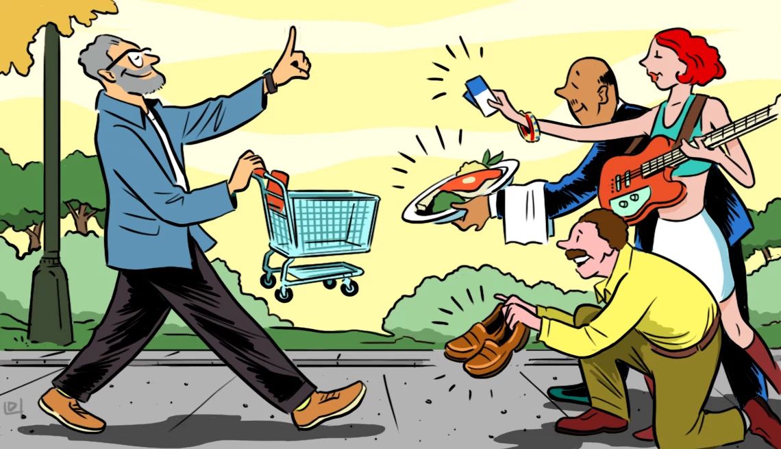 ’Small Money’ Can Mean a Lot An illustration shows an older a bearded older adult male walking down a sidewalk, smile on his face, pushing a tiny grocery cart toward a restaurant server with a gourmet meal, a guitar-wielding young female brandishing concert tickets and a kneeling vendor offering fancy shoes