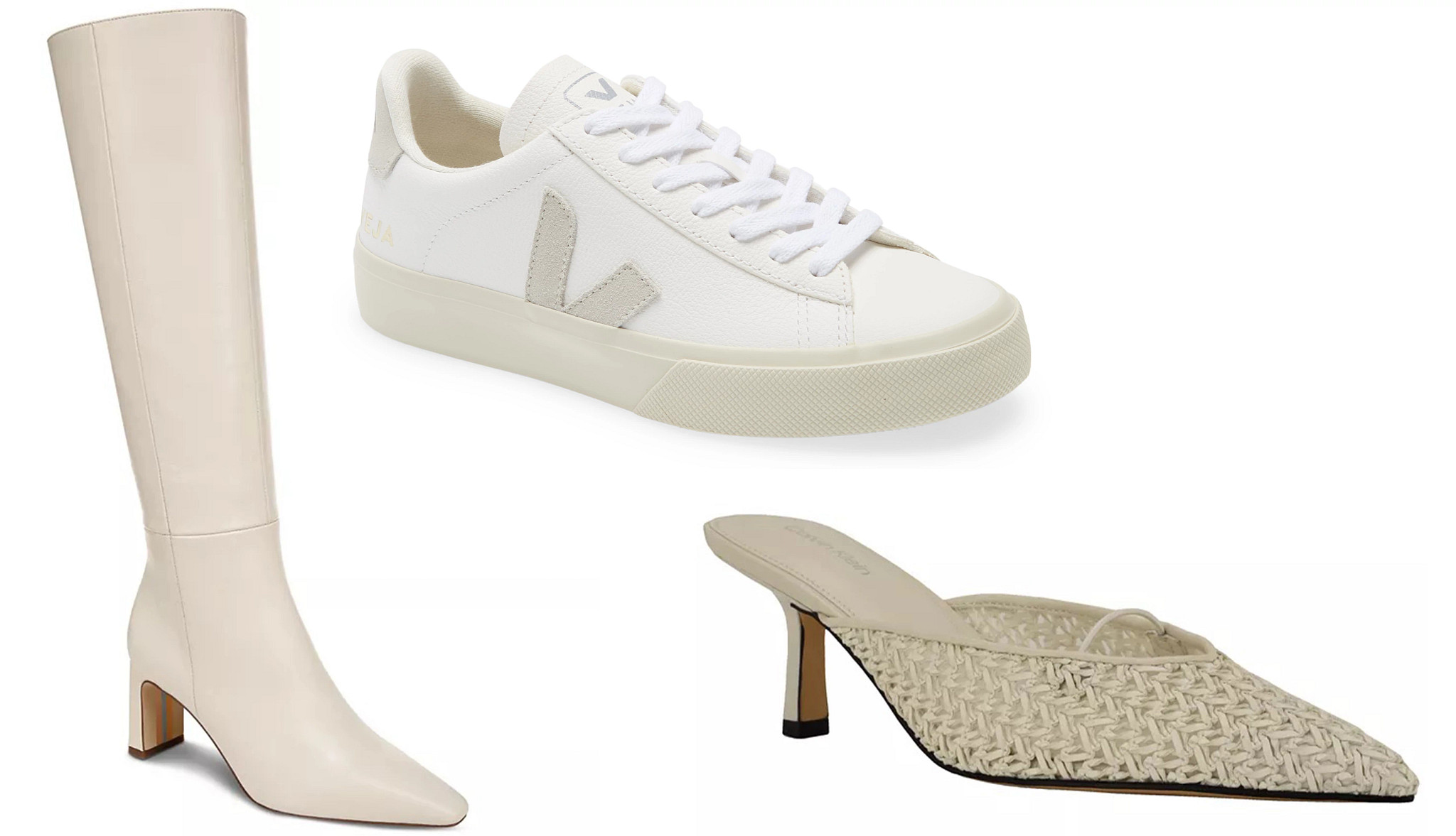 a collage with a knee boot a sneaker and a mule style pump in shades of white and cream