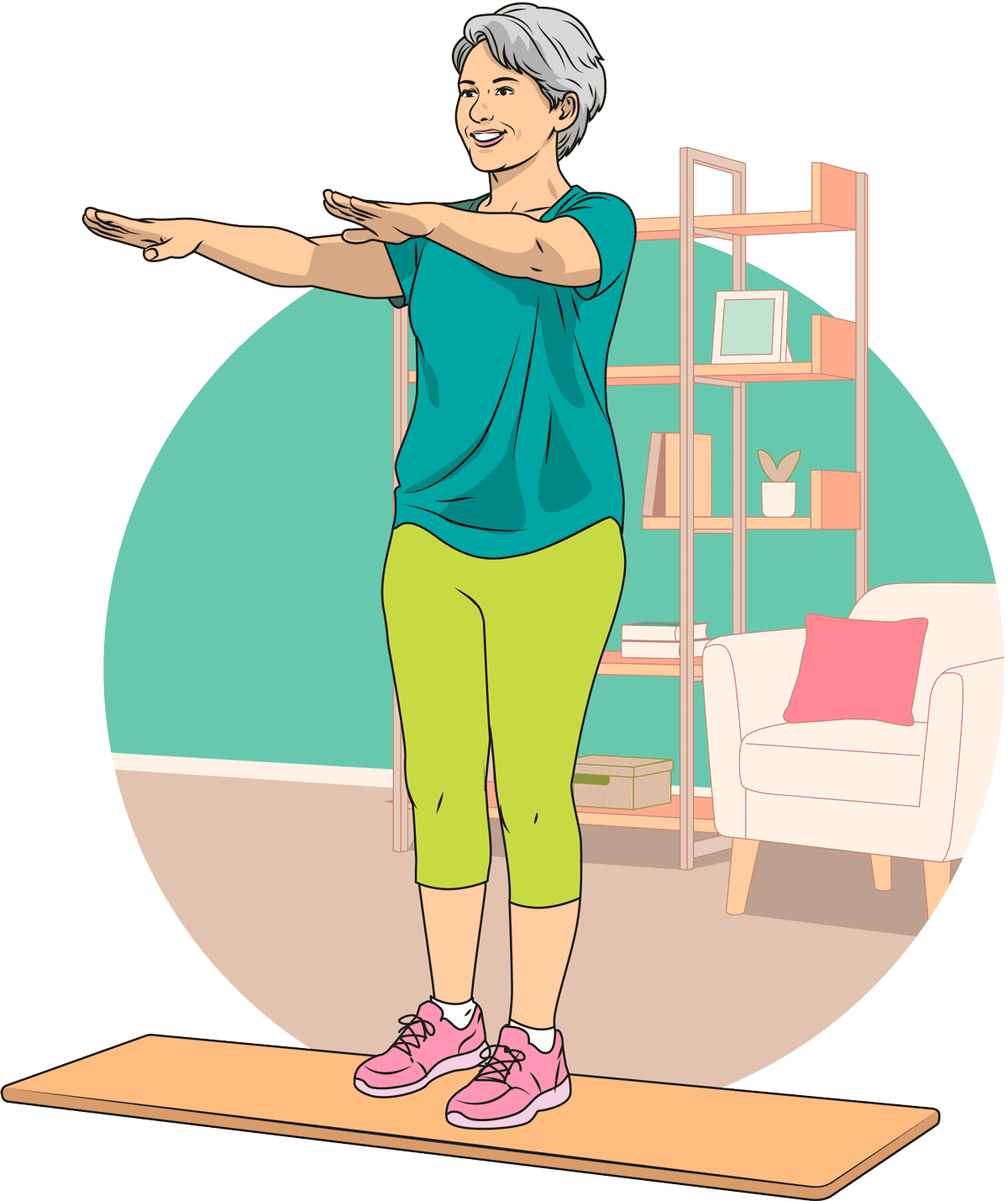 An older woman performing a standing march exercise on a mat with arms stretched out.