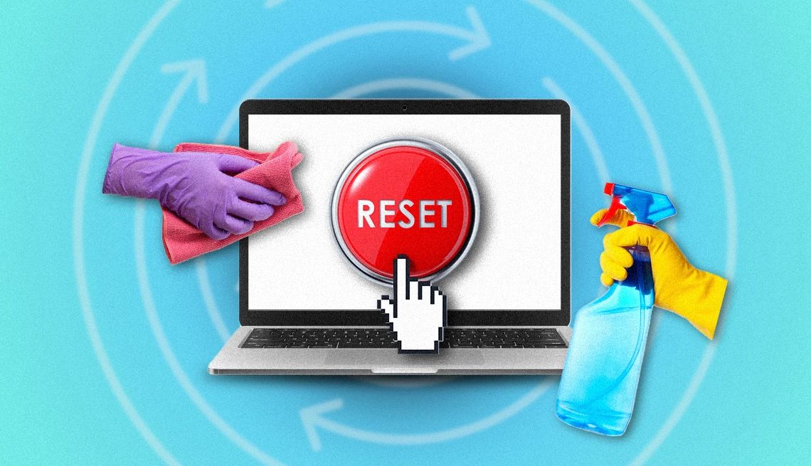 Tech Guru Factory Reset PC a laptop with a reset button surronded by the clicker icon and gloved hands holding cleaning bottles