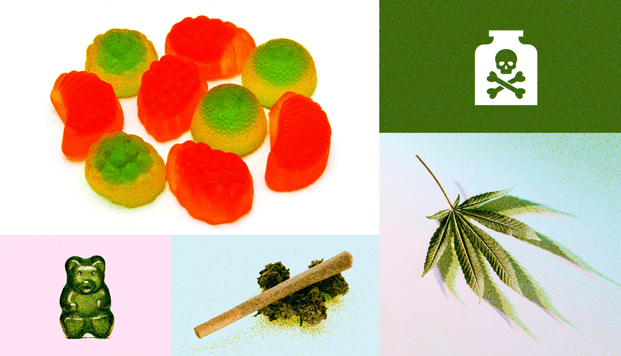 collage of marijuana gummies, a marijuana leaf, a joint, and a poison symbol