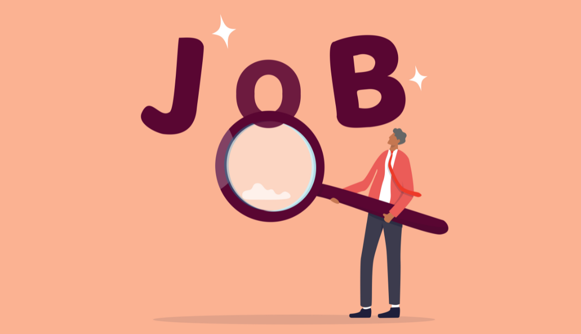 Illustration of a man holidng a giant magnifying glass looking at the word job on a peach background