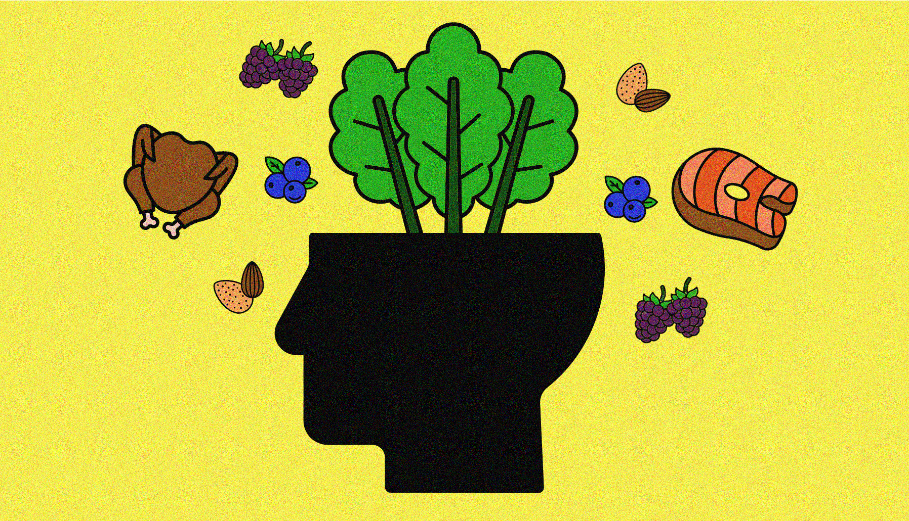 MIND Diet illustration of a head and healthy foods
