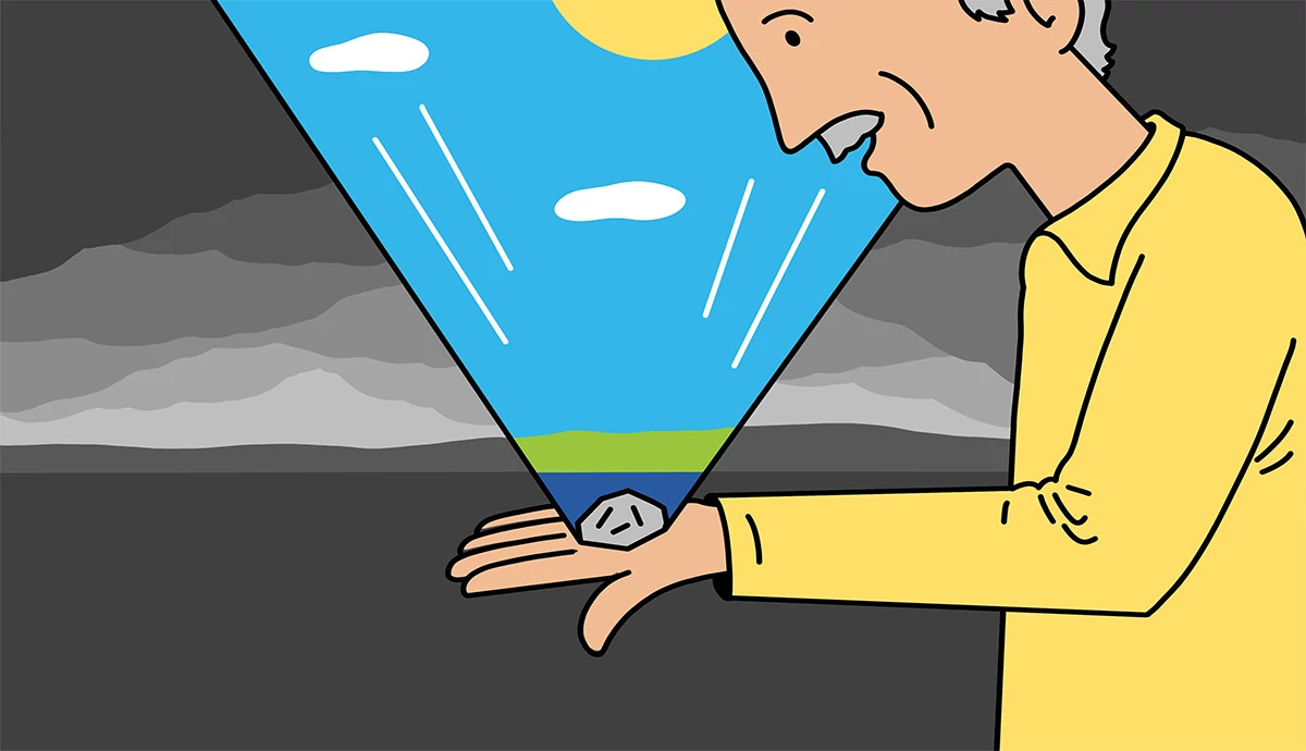an illustration shows an older adult man traversing an overcast landscape. In his hand is a talisman, which is projecting light from his hand to the horizon