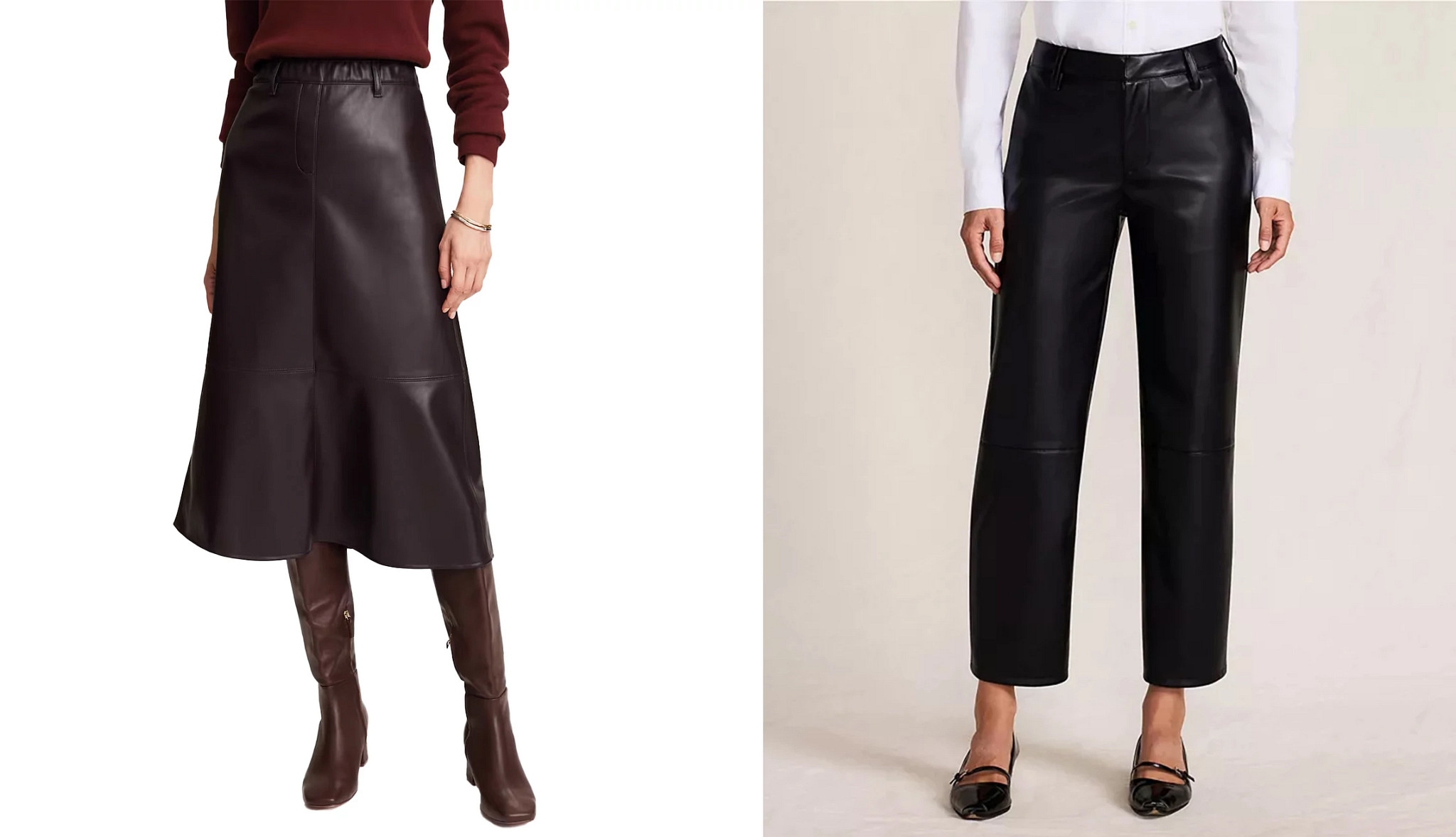 a collage with models wearing a faux leather skirt and a pair of faux leather trousers