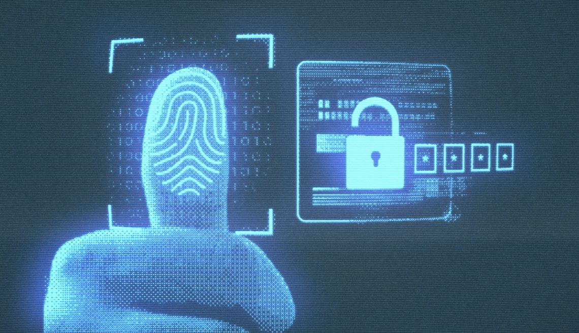 Quienes luchan contra el fraude se protegen de las estafas ilustración de una huella digital azul al lado de un candado