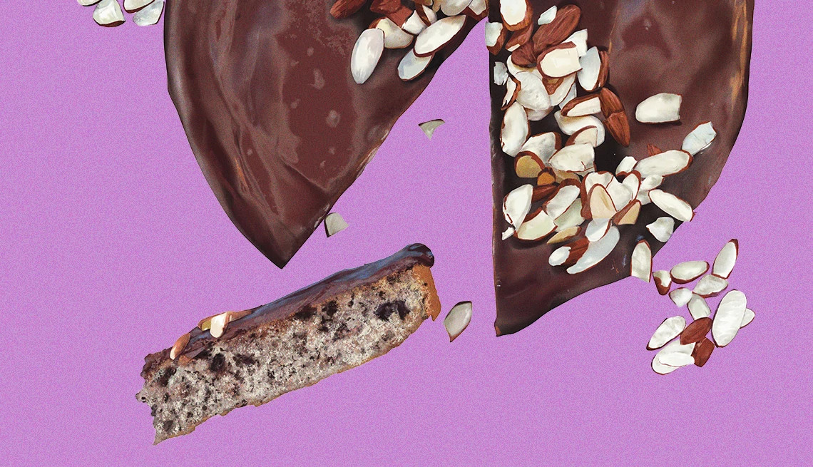 A photo shows Dorie Greenspan’s Chocolate and Almond Tabby-Not-Tiger Cake