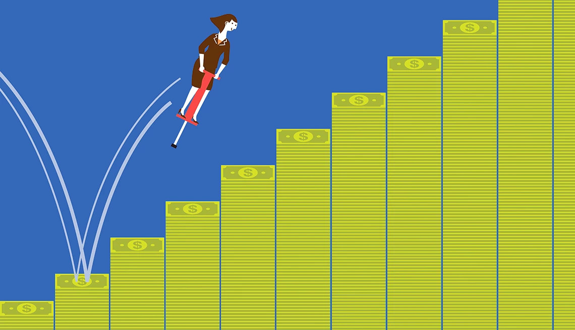 Woman jumping on pogo stick over money