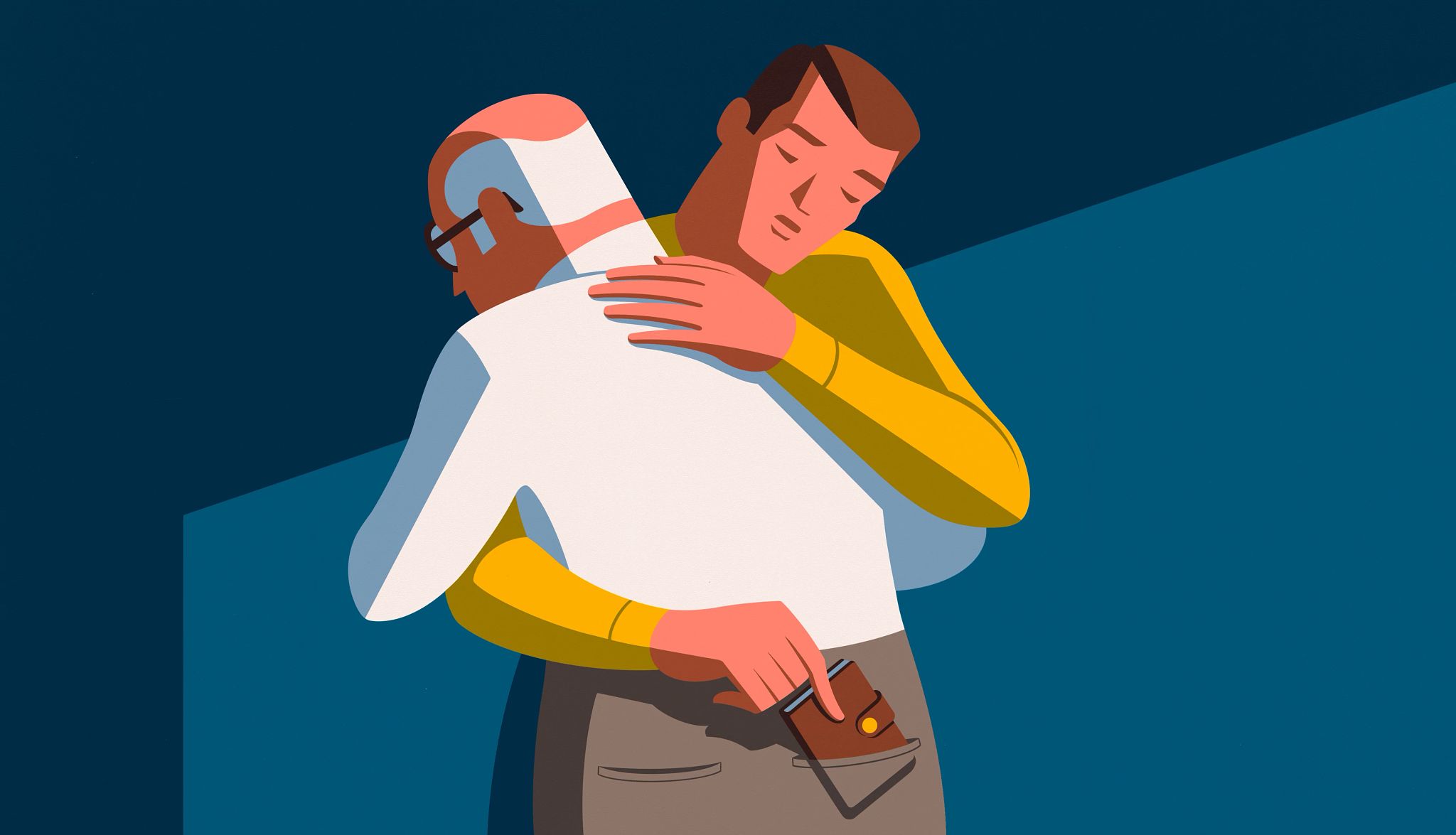 an illustration of a man hugging an older man while also stealing his wallet
