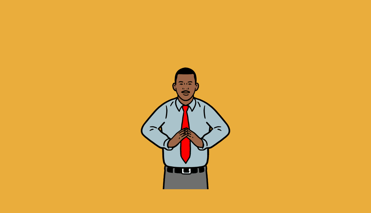A man starts with his hands clasped at chest height, then raises his hands above his head.