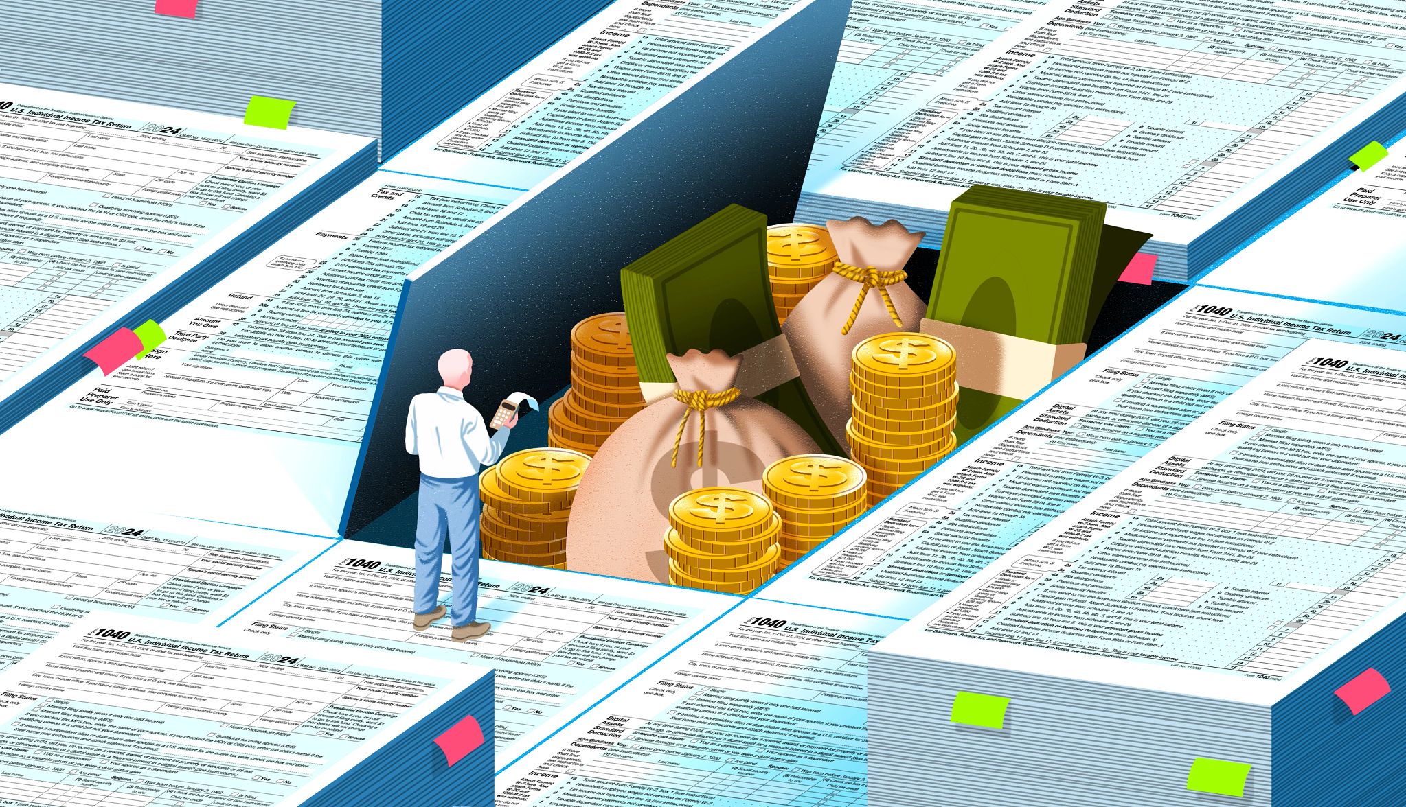 Could the Saver’s Credit Reduce Your Tax Bill? a man standing on tax forms with a pile of money in front of him
