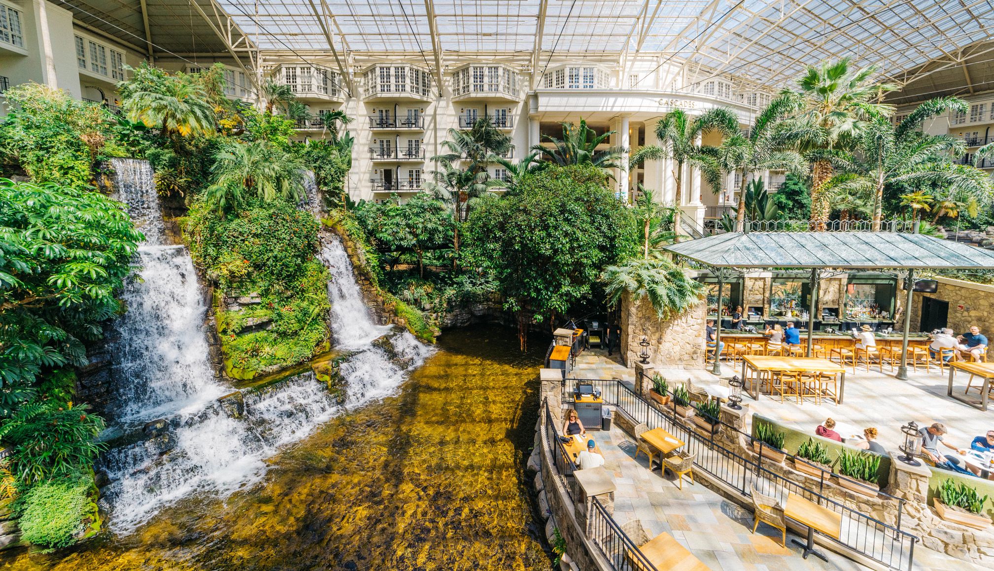Multigenerational Trips an indoor waterfall next to a restaurant