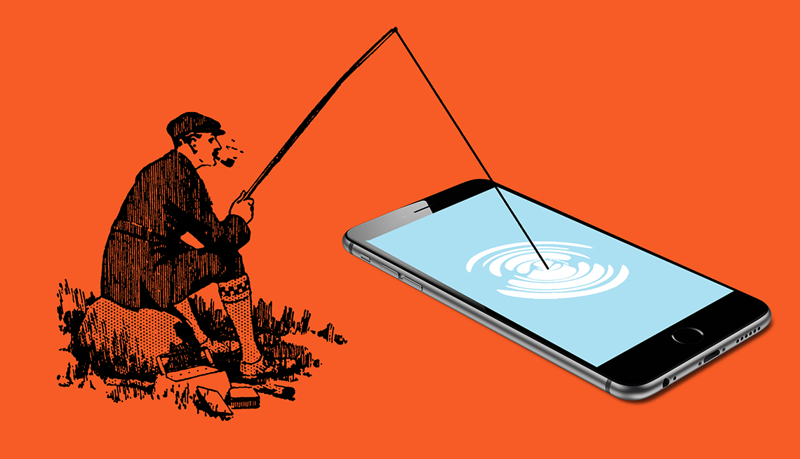 Stop Turning Into Your Parents An illustration shows a man dressed in clothes from the early 20th century fishing from a rock while smoking a pipe. His fishing line is cast into a smart phone instead of a lake.