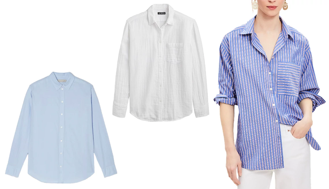 Everlane The Silky Cotton Relaxed Shirt in Pale Blue; J. Crew Garcon Classic Shirt in Cotton-Linen Blend Gauze in White; Loft Striped Cotton Blend Oversized Pocket Shirt in Cobalt Current