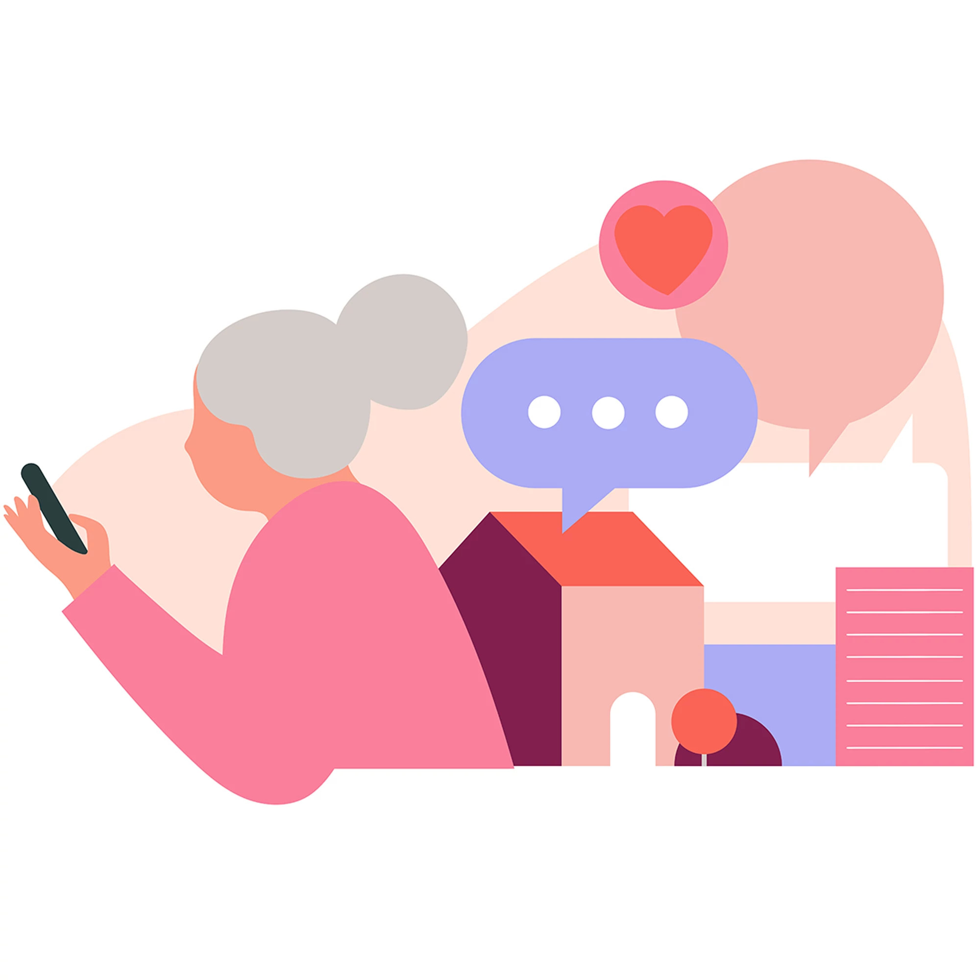 Illustration of an older adult with gray hair in a bun, wearing a pink top, holding a smartphone. Surrounding the figure are abstract shapes including a house, a speech bubble with three dots, a heart icon, and a document, symbolizing communication, home life, and daily updates.