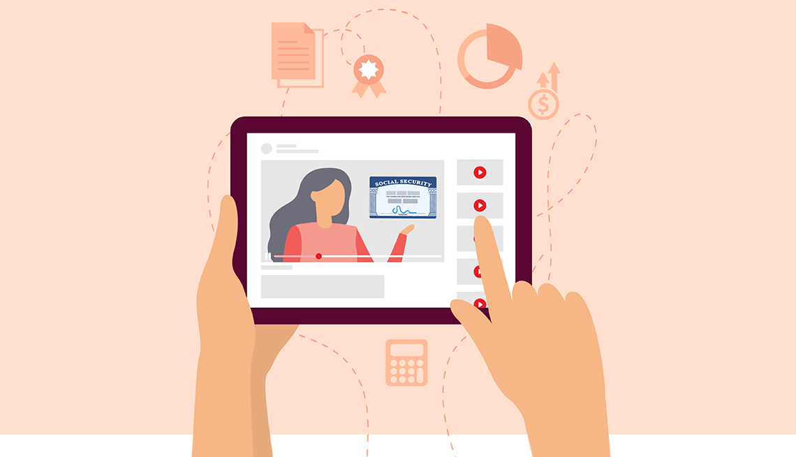 Social Security Answers Video Series peach background, two hands holding and using a tablet with video series on screen, money sign, rewards badge, calculator, pie graph, memo icons on background in darker peach color