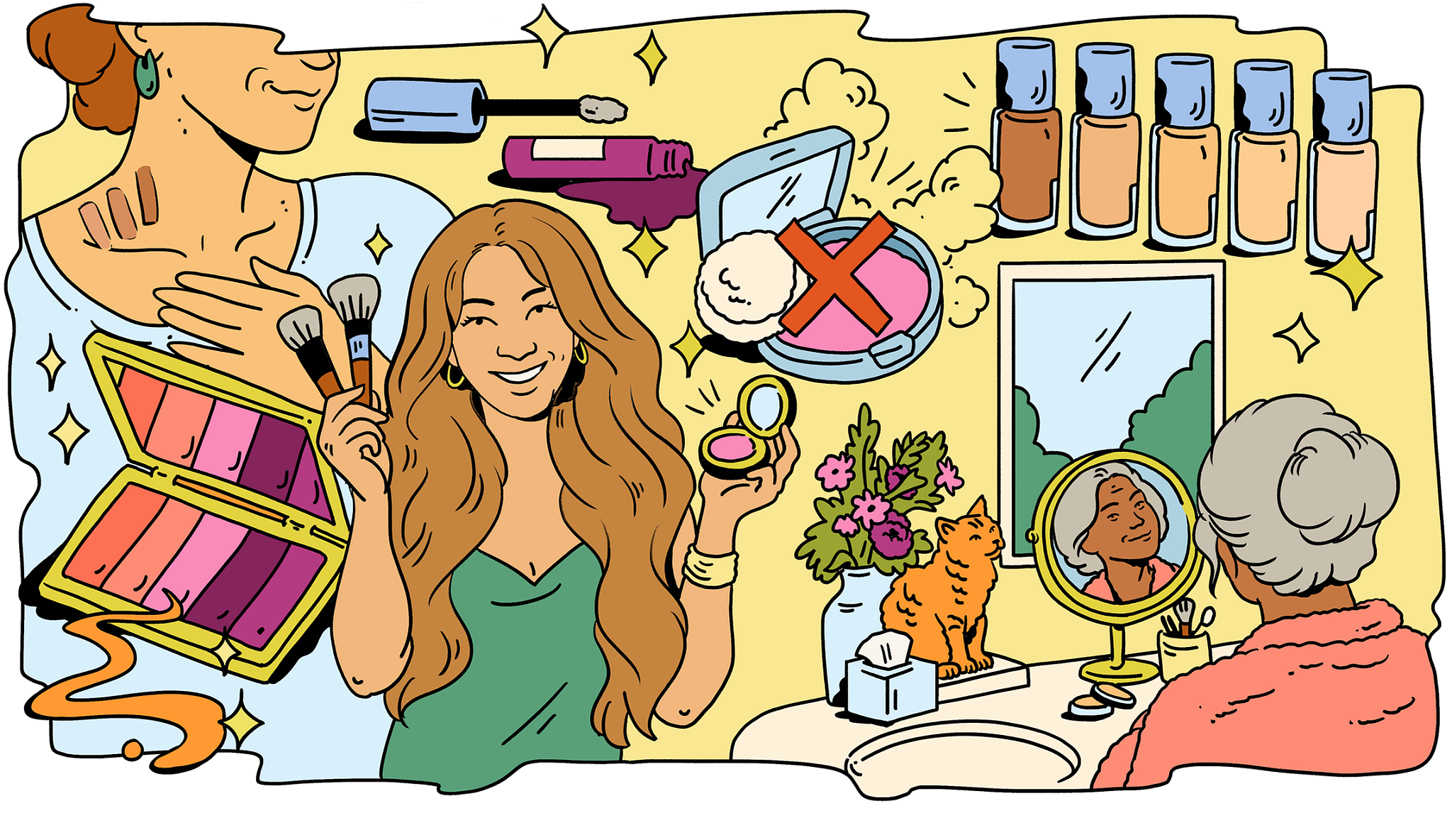 a person smiling while holding makeup brushes while an older person uses a vanity mirror surrounded by cosmetics products
