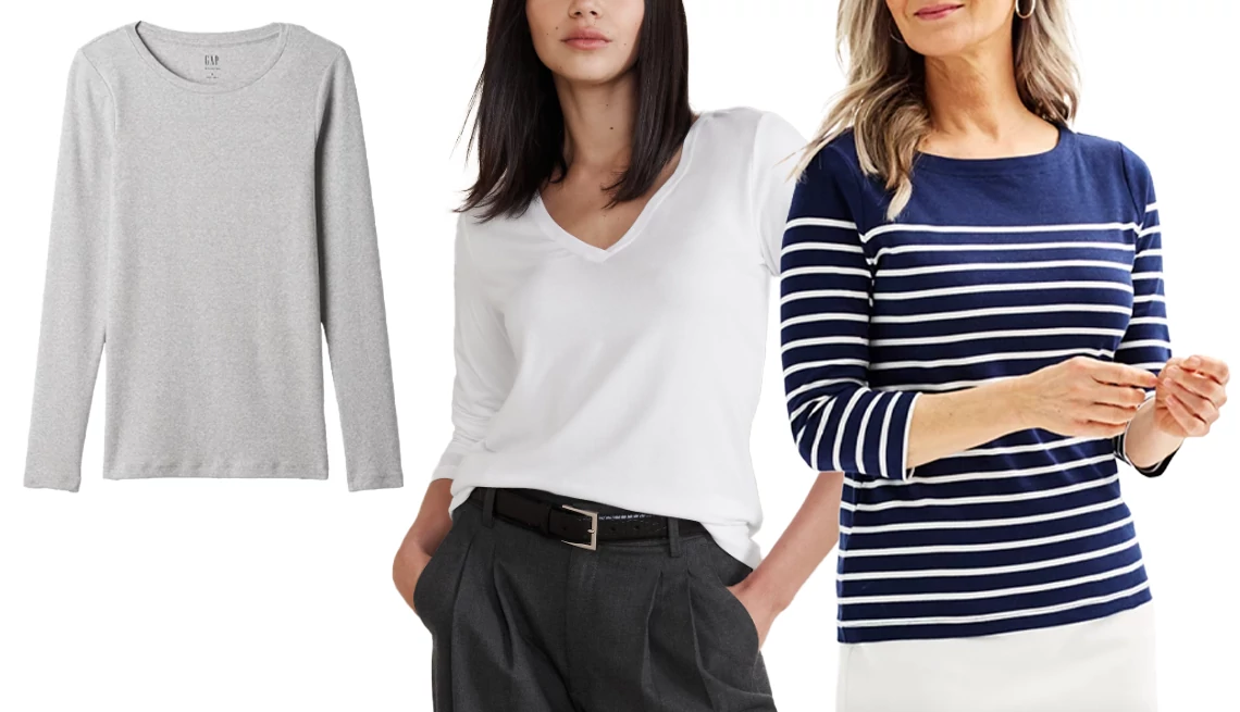 Gap Modern Crewneck Tee in Light Heather Grey; Banana Republic Factory Timeless T-Shirt in White; Croft & Barrow Women’s Boatneck Top in Navy