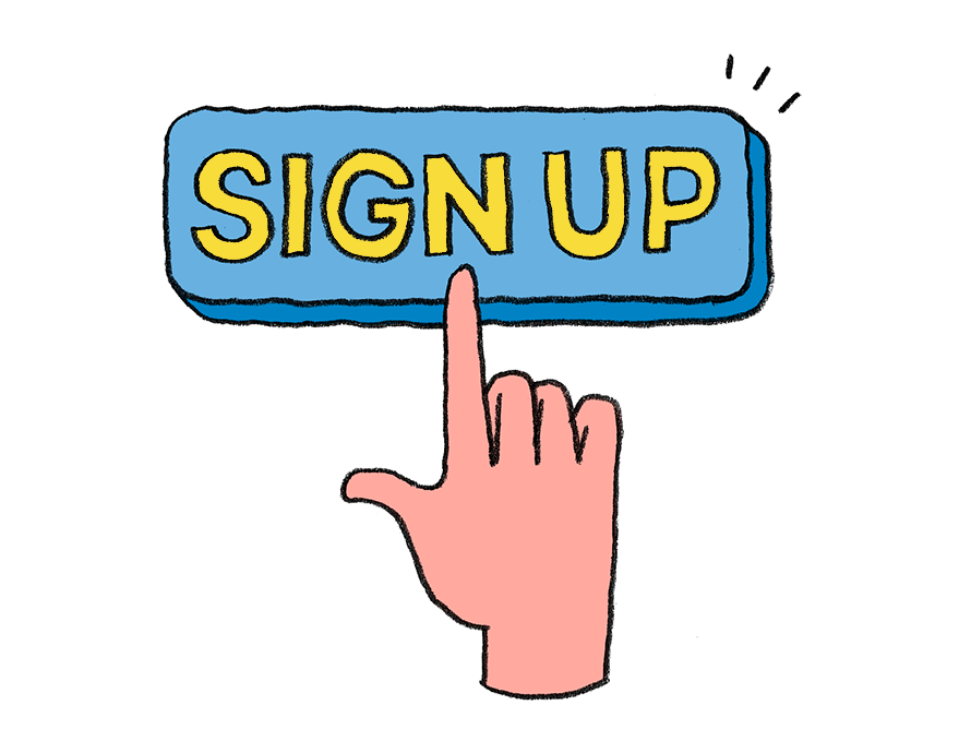 Illustration of a hand pressing a large blue “Sign Up” button