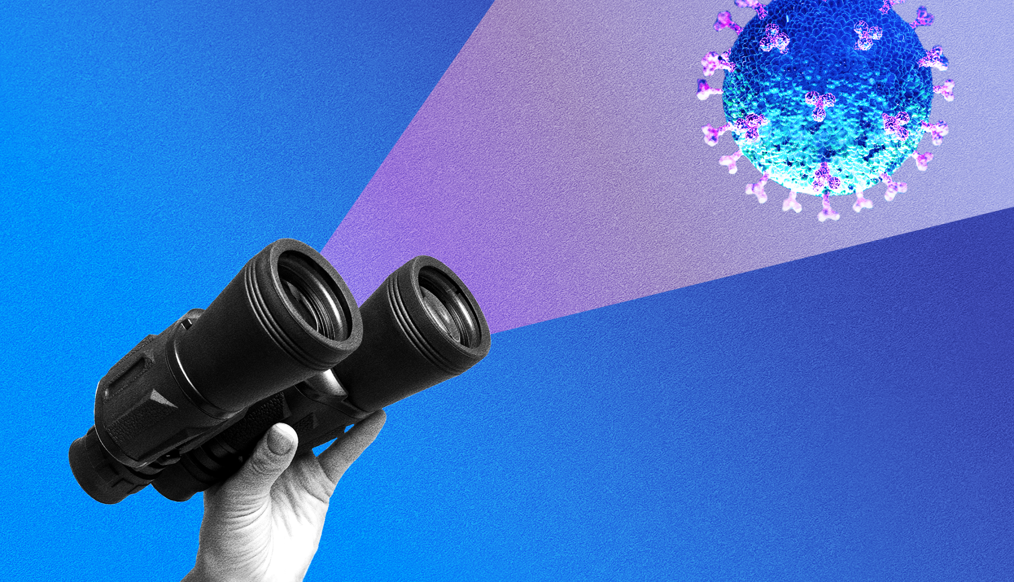 Ilustración de unos binoculares mirando hacia una partícula de un coronavirus