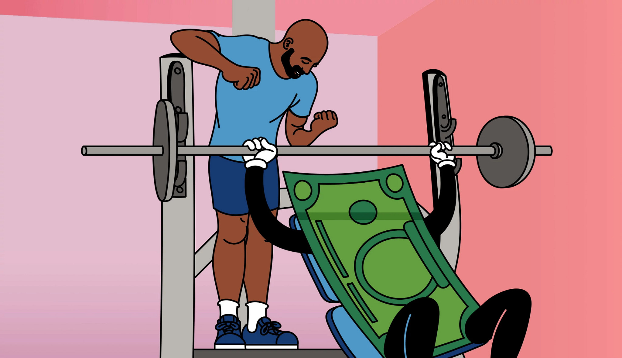 An animated dollar bill bench presses a barbell at the gym while a man cheers him on.