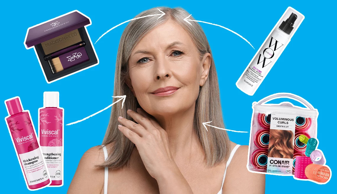 a collage with an older person and various hair products