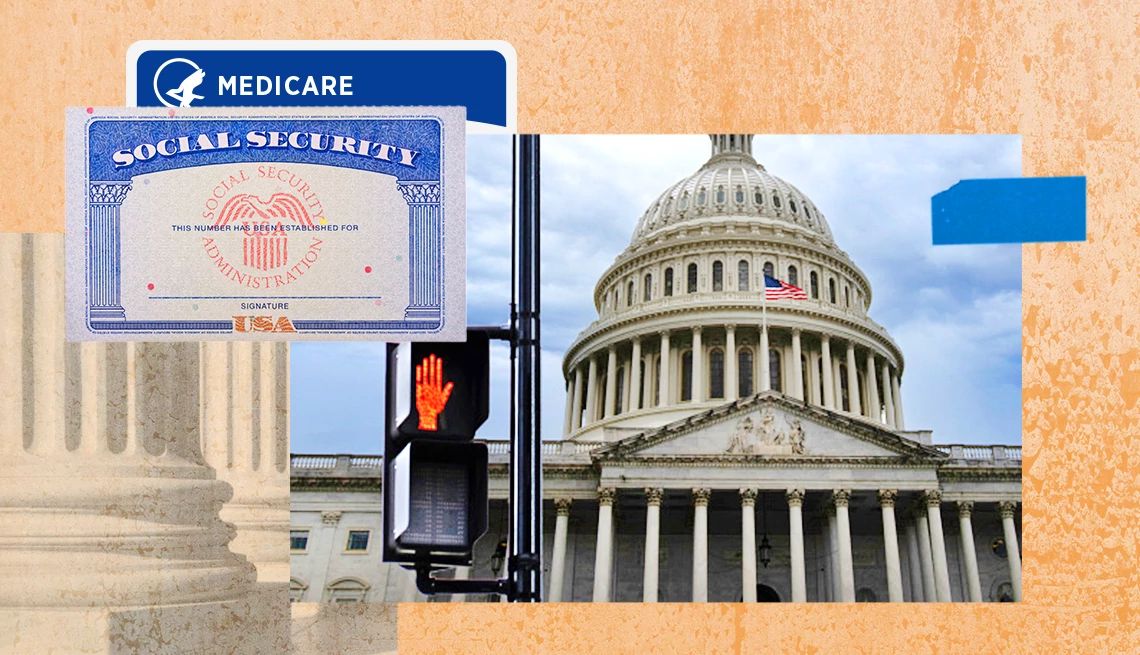 The Government Shut Down. What Happens Next? the captiol building with a social security card and a medicare card
