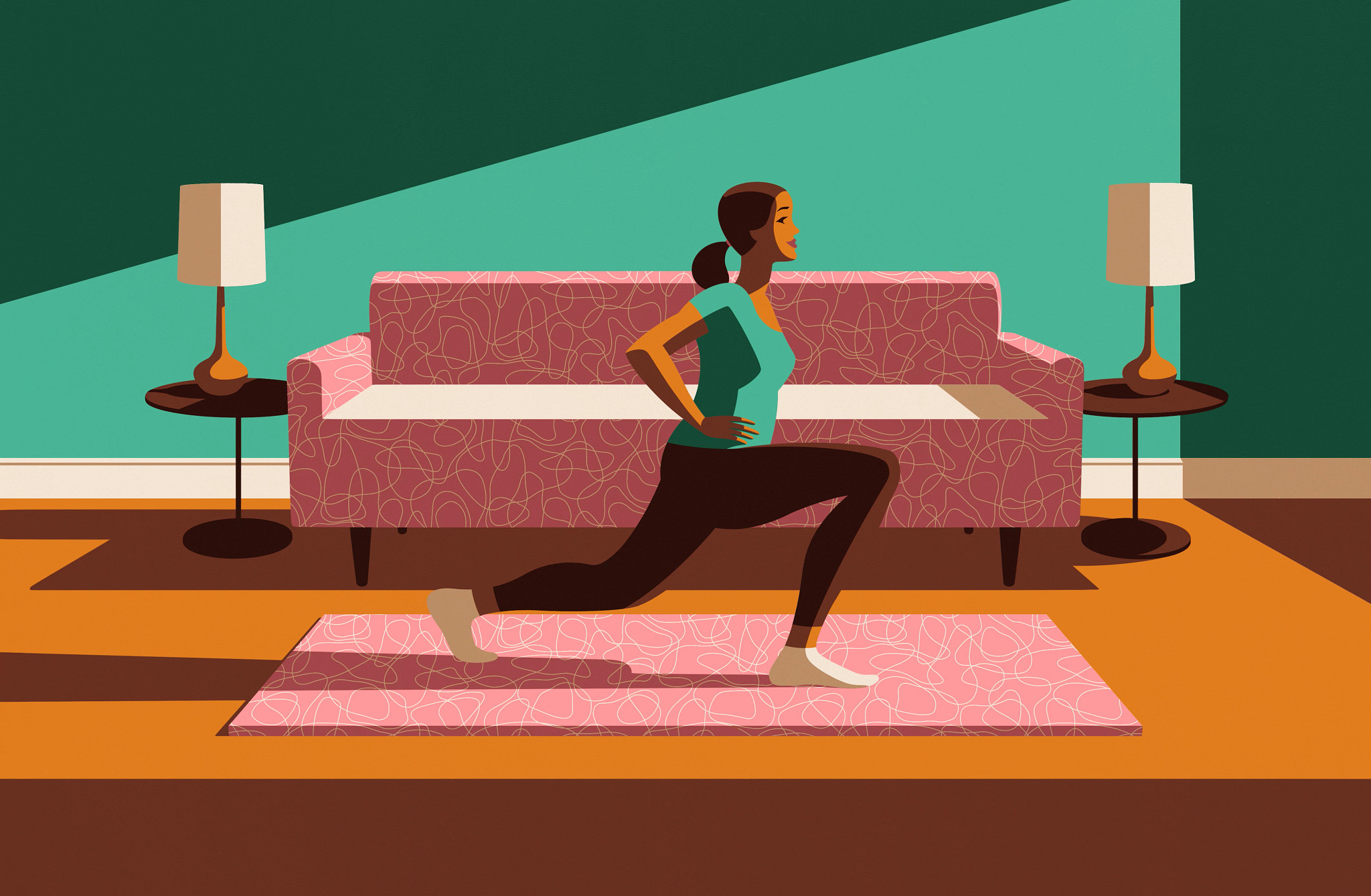 Illustration of a woman performing lunges on a yoga mat