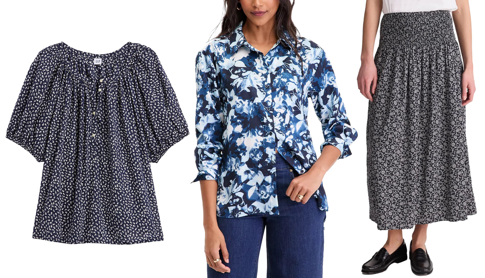 a collage with a model wearing a floral midi length skirt, a model wearing a floral blouse, and a photo of another style of floral blouse