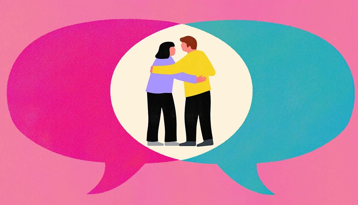 illustration of couple embracing in between speech bubbles