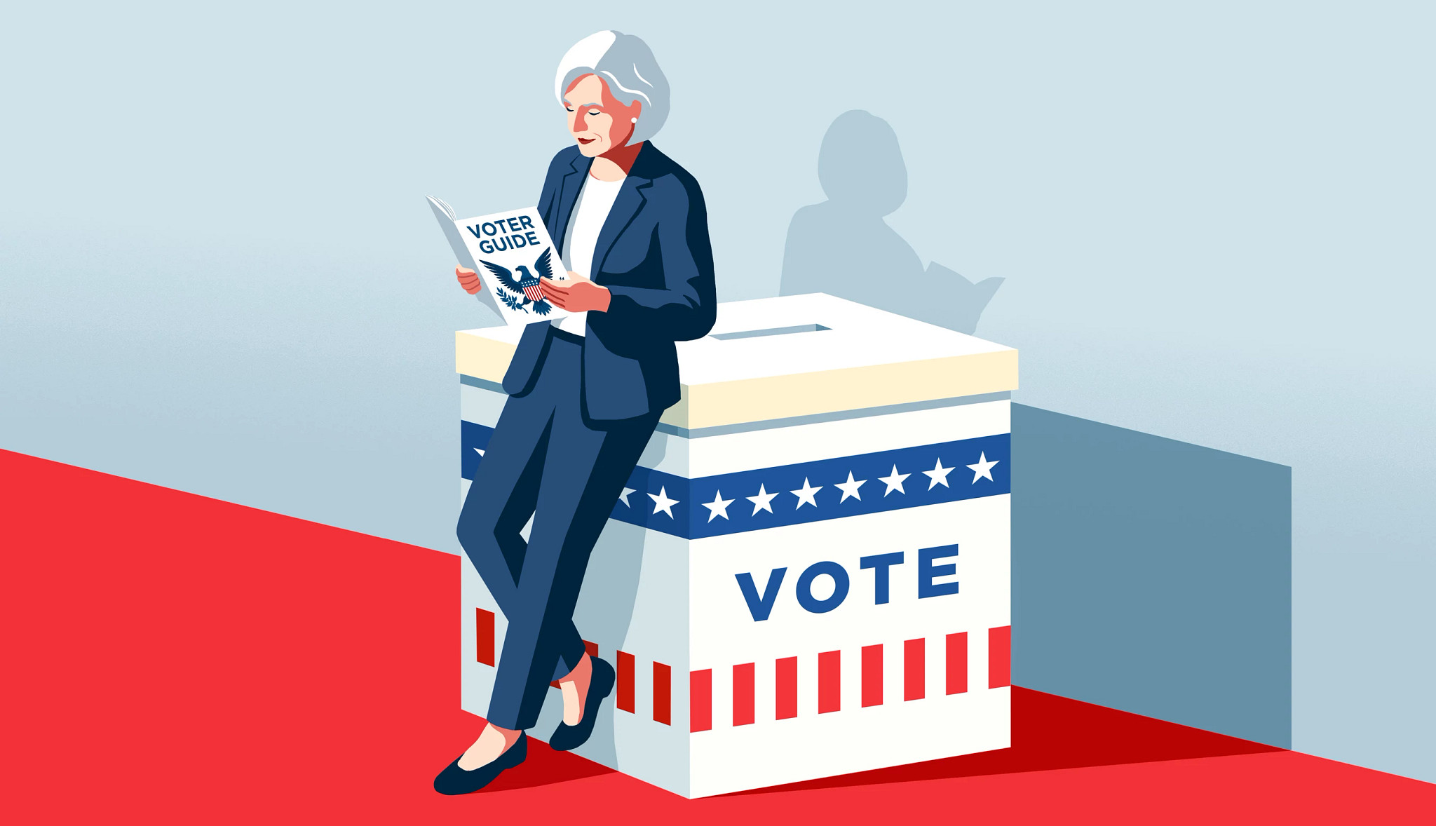 a person reading a voter guide leaning on a ballot box